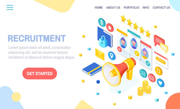 istock Recruitment. 3d isometric megaphone, bullhorn, loudspeaker with cv resume, folder, speech bubble. Human Resources, HR. Hiring employees. Job interview. Vector design for banner 1297467186