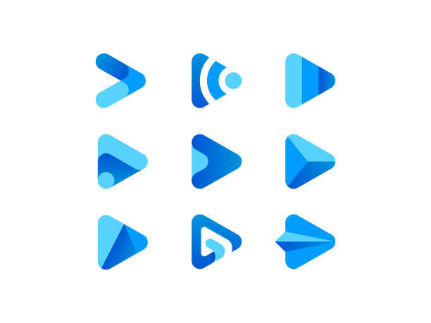 illustrazioni stock, clip art, cartoni animati e icone di tendenza di logo del pulsante multimediale di riproduzione blu - triangolo forma bidimensionale illustrazioni