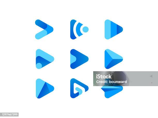 블루 플레이 미디어 버튼 로고 로고에 대한 스톡 벡터 아트 및 기타 이미지 - 로고, 화살표, 아이콘
