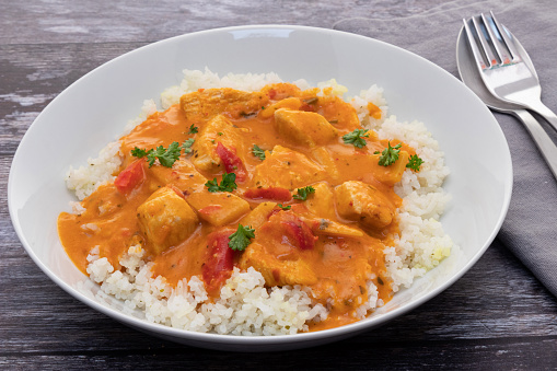 Thai red curry dinner with white rice