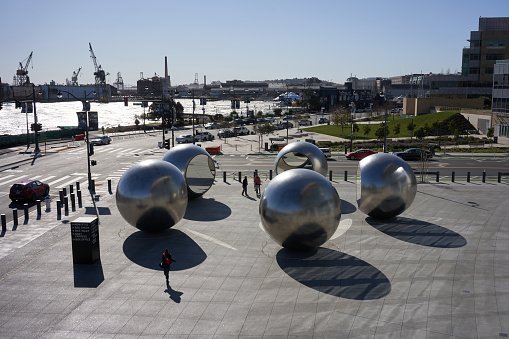 San Francisco, CA, USA - Feb 9, 2020: Seeing spheres, a public display outside Chase Center in San Francisco, California, consisting of 5 steel spheres with mirrors designed by artist Olafur Eliasson.