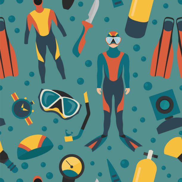 스포츠 기어 세트. 다이빙 장비 및 스쿠버 다이버 남성 플랫 디자인 아이콘 - oxygen tank underwater diving diving wetsuit stock illustrations