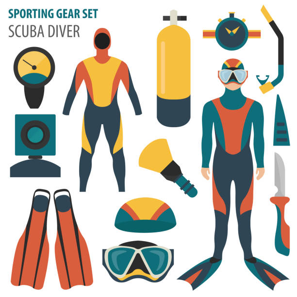 스포츠 기어 세트. 다이빙 장비 및 스쿠버 다이버 남성 플랫 디자인 아이콘 - oxygen tank underwater diving diving wetsuit stock illustrations