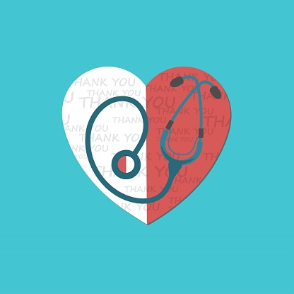 Flat design, red and white heart with a built-in medical instrument stethoscope, vector icon. Doctors love support logo. thanks to doctors, nurses. coronavirus outbreak symbol. Support concept, emblem