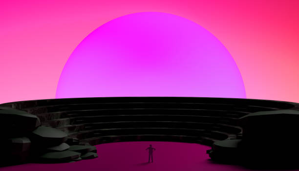 istock Abstract sunset with an ancient Greek theater. Banner. Background. 3d illustration. 1297472509