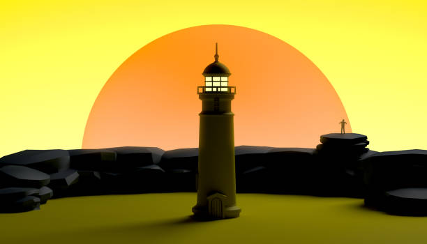 Abstract sunset with a lighthouse and a person. Banner. Background. 3d illustration.