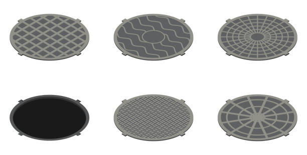 Set of isometric sewer hatches isolated on white Set of isometric sewer hatches with different design isolated on white background sewer lid stock illustrations