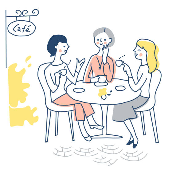 trzy kobiety pijące herbatę w kawiarni - afternoon tea tea women table stock illustrations