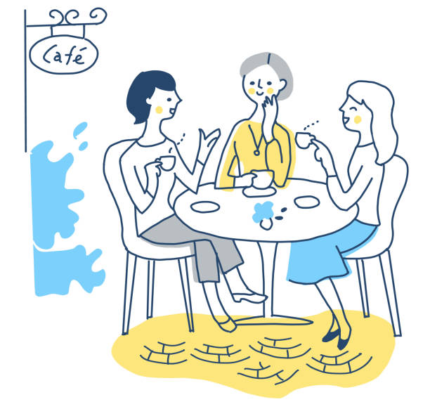 ilustrações, clipart, desenhos animados e ícones de três mulheres bebendo chá em um café - tea party illustrations