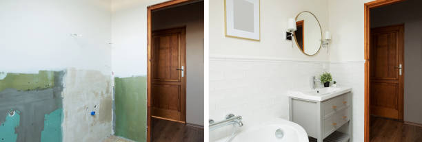 istock Home bathroom before and after renovation. Interior design - scandinavian style 1297477971