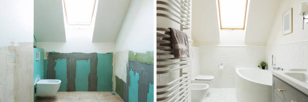 istock Home bathroom before and after renovation. Interior design - scandinavian style 1297477972