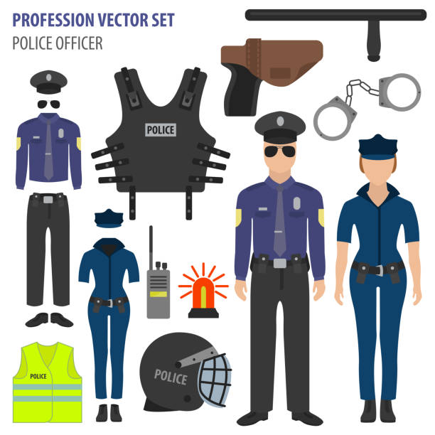 Profession and occupation set. Police officer equipment, uniform flat design icon Profession and occupation set. Police officer equipment, uniform flat design icon. Vector illustration gun holster stock illustrations