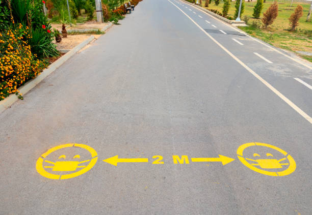 Social distance and mask sign on the walking path