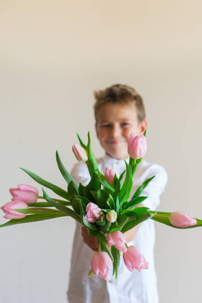 istock Young boy, kid child hands with pink tulips, flowers 1297479734
