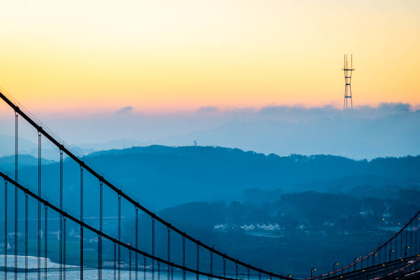 Daybreak over San Francisco from Battery Spencer The sun rises over San Francisco and the Bay Area, as seen from Battery Spencer in the Marin Headlands. west marin stock pictures, royalty-free photos & images