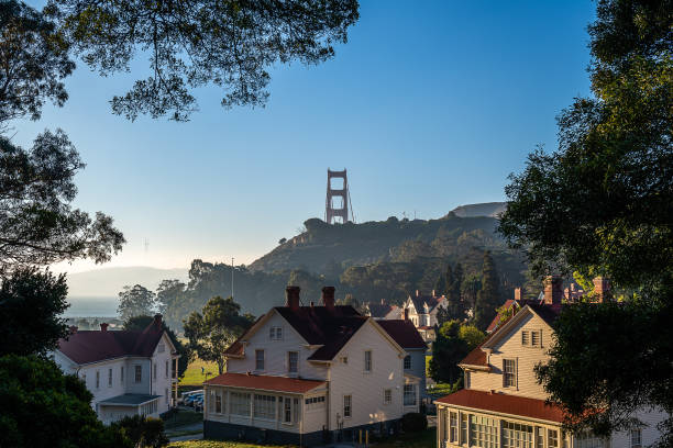 The Golden Gate Bridge from Fort Baker Views of the Golden Gate Bridge during the early morning from Fort Baker and Cavallo Point. west marin stock pictures, royalty-free photos & images