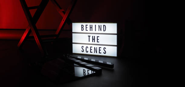 istock Behind the scenes letterboard text on Lightbox or Cinema Light box. Movie clapperboard megaphone and director chair beside. Background LED color change loop. static camera in video production studio. 1297483186