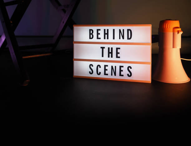 istock Behind the scenes letterboard text on Lightbox or Cinema Light box. Movie clapperboard megaphone and director chair beside. Background LED color change loop. static camera in video production studio. 1297483222