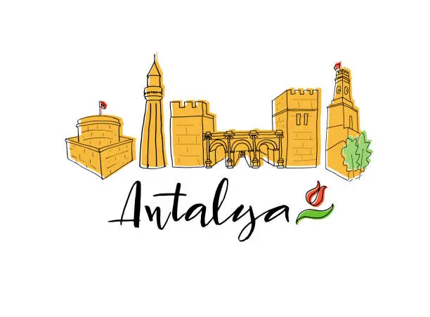Vector illustration of Antalya city name and illustration with city sights isolated on white background for banner, sticker, souvenirs, booklet. Hand drawn vector lettering and illustration for travel agency, print shop