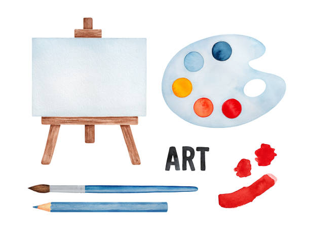 Water color illustration set of various drawing symbols: paint palette, easel, brush, pencil, brushstrokes. Hand painted watercolour graphic illustration, cutout clip art elements for creative design. Hand drawn watercolor illustration. how to draw a school building clip art stock illustrations