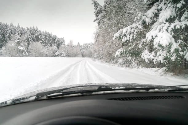 istock View from the car on the snow-covered forest, winter riding 1297487151