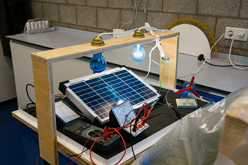 Zoetermeer, Netherlands - January 2021: Demonstration model to show the operation of solar panels. Used in physics class.