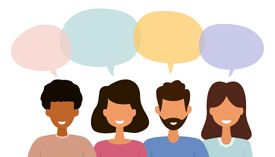 Group of people with dialog speech bubbles. Discussing business people. Vector illustration isolated on white background.