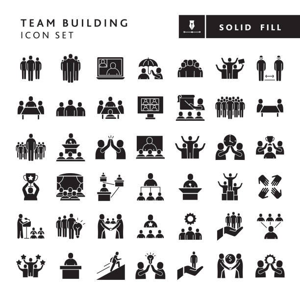 Business Team Building solid fill style - big Icon set Vector illustration of a big set of 43 business team building solid icons. Includes concepts like business team building, groups of teams, leaders and managers, business people, teamwork, working together, businessmen, meetings, training and education, success, motivating, partnership, high five, collaboration on white background with no white box below. Fully editable for easy editing. Simple set that includes vector eps and high resolution jpg in download. solid stock illustrations