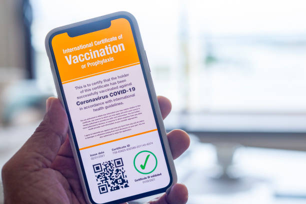 istock Digital International Certificate of Covid-19 Vaccination. All graphics and text visible on the phone screen were created by me 1297490541