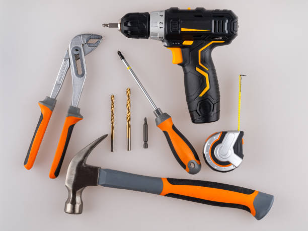 istock tools for work and repair, screwdriver, hammer, screwdriver, keys and fasteners, template, copy space 1297491904