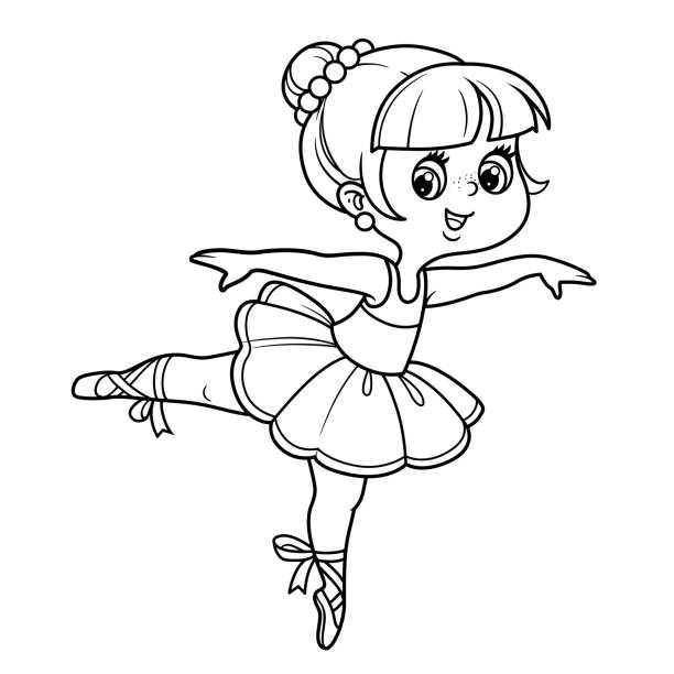 ilustrações, clipart, desenhos animados e ícones de desenho animado menina bailarina dança em tutu exuberante delineado para colorir isolado em um fundo branco - ballet little girls child fairy