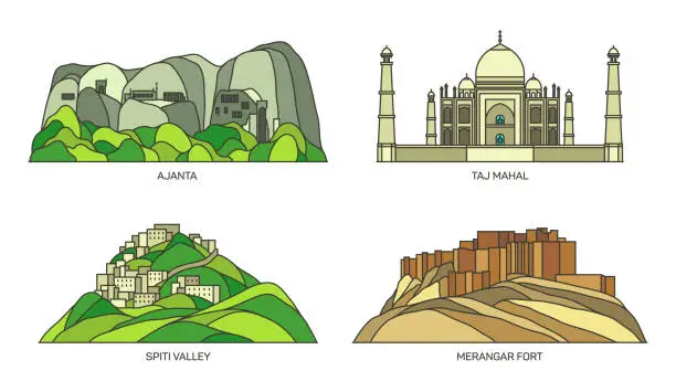 Vector illustration of India landmarks, architecture Taj Mahal in Agra