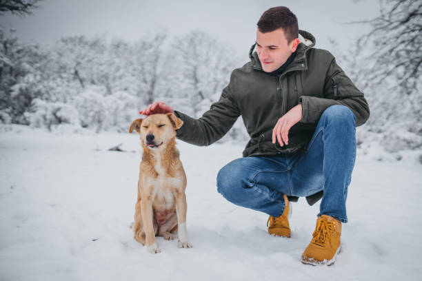 istock Man and dog on a snowy winter day 1297493563