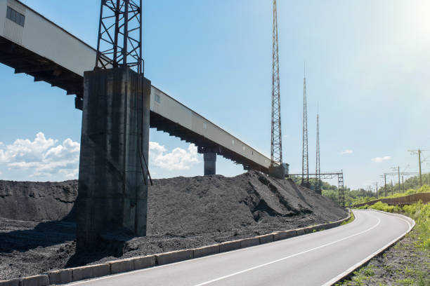 wydobycie węgla i magazynowanie węgla w magazynie. ciężka przemysłowa elektrownia węglowa. kopalnia węgla kamiennego. - cargo container metal container rough zdjęcia i obrazy z banku zdjęć