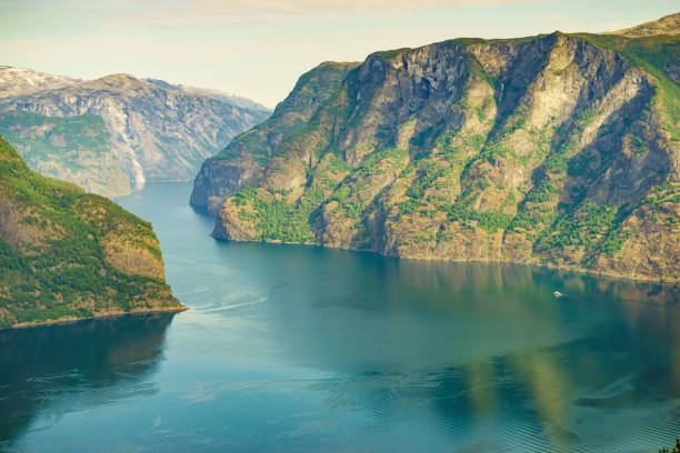 fjord landscape aurlandsfjord in norway - aurlandfjord imagens e fotografias de stock