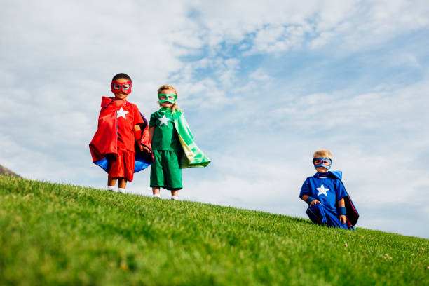 superhero children - partnership creativity superhero child imagens e fotografias de stock