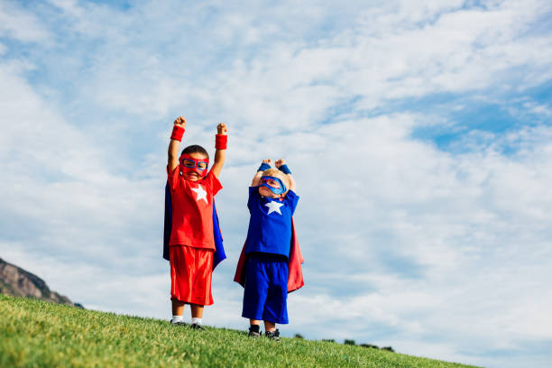 superhero boys - partnership creativity superhero child imagens e fotografias de stock