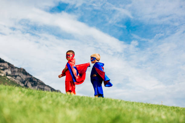 superhero boys - partnership creativity superhero child imagens e fotografias de stock