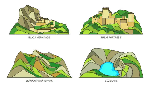 Vector illustration of Set of Croatia travel landmarks, natural scenery