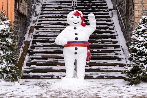 The Quebec carnival mascot « Bonhomme » in the Petit Champlain district, in the Old Quebec city.