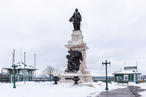 The Samuel Champlain monument under the snow in the Old Quebec city.