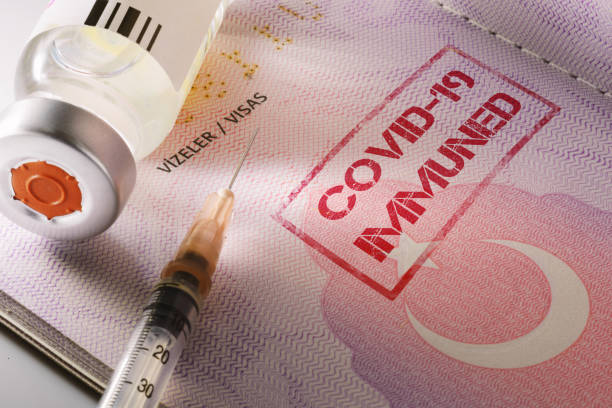 Covid 19 Immuned stamp in a passport. Close up shot of a coronavirus vaccine bottle and a syringe with a Turkeys passport as a vaccine passport Covid 19 Immune text written on the page. vaccine passport photos stock pictures, royalty-free photos & images