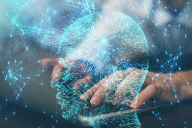 istock Businessman with computer background with brain theme hologram. Concept of brainstorm. Multi exposure. 1297495411