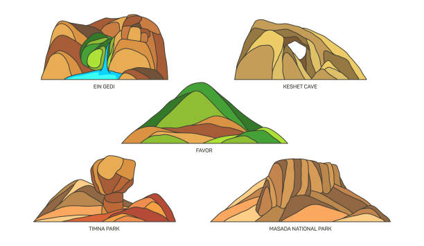 zestaw zabytków izraela lub krajobrazów przyrodniczych - masada stock illustrations