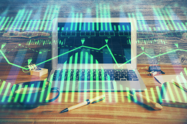 istock Double exposure of desktop with personal computer on background and tech theme drawing. Concept of Bigdata. 1297495966