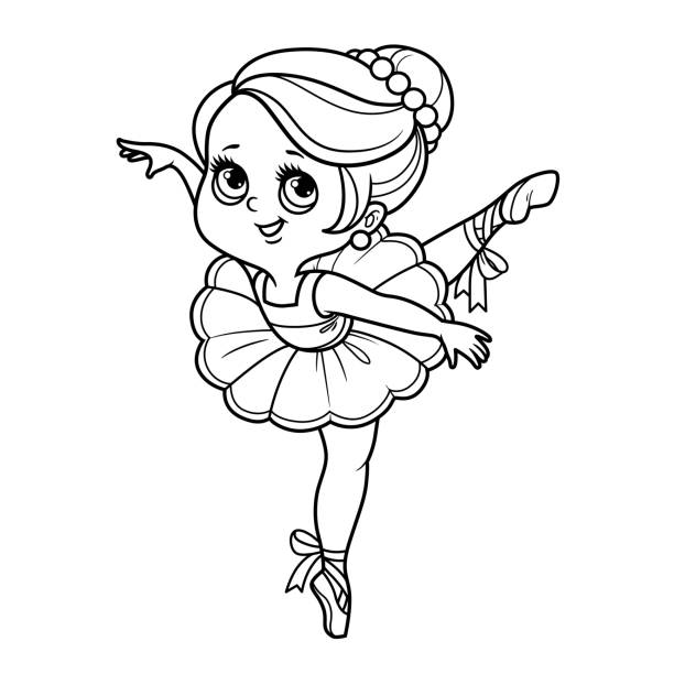 ilustrações, clipart, desenhos animados e ícones de desenho animado fofo menina bailarina dançando em uma perna em tutu exuberante isolado em um fundo branco - ballet little girls child fairy