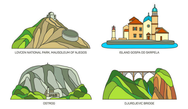 ilustraciones, imágenes clip art, dibujos animados e iconos de stock de conjunto de punto de referencia de viaje o paisaje de montenegro - ostrog