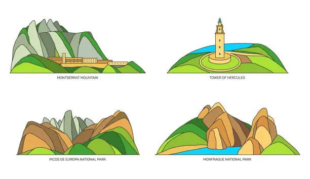 Vector illustration of Set of Spain travel landmarks or landscapes