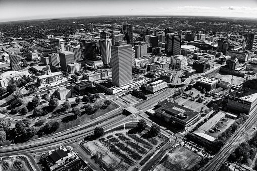 The skyline of beautiful Nashville, Tennessee, in black and white shot from an altitude of about 600 feet.