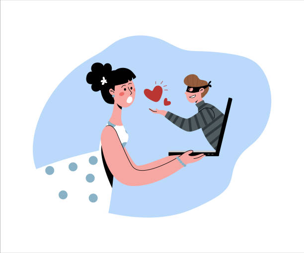 ilustraciones, imágenes clip art, dibujos animados e iconos de stock de estafa de citas por internet. la mujer ve el engaño, está conmocionada. el hombre es un ladrón, un tramposo. un hombre intenta engañar a una mujer por internet.  ilustración vectorial plana. - internet dating